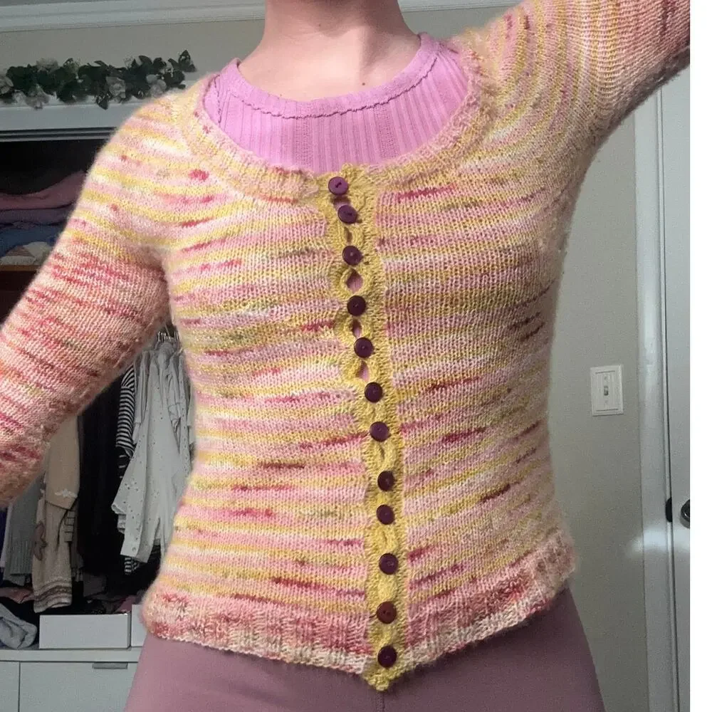 Handmade Knit Merino Wool Yellow Pink Button Up Cardigan Sweater Spring
